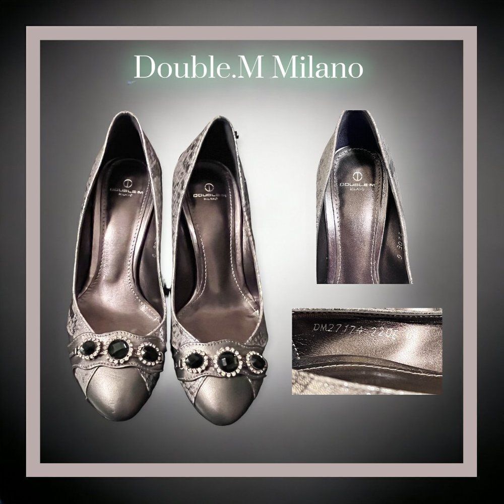 DOUBLE M MILANO Metallic Silver Python Print Statement Crystal Rhinestone Heels